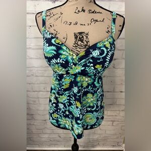 Lands'‎ End Size 32DD/34D Blue Green Floral Tankini Top Underwire Bra Swimsuit